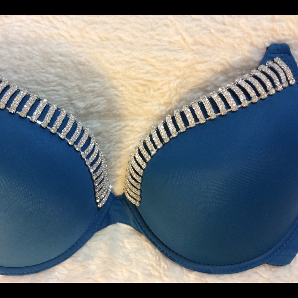 New Sexy Teal Blue Crystal Bling Push Up Bra D DD
